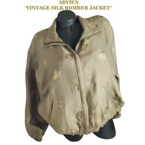 Abvien Vintage 90s Lightweight Silk A Green & Gold Shimmer Bomber Jacket. SM
